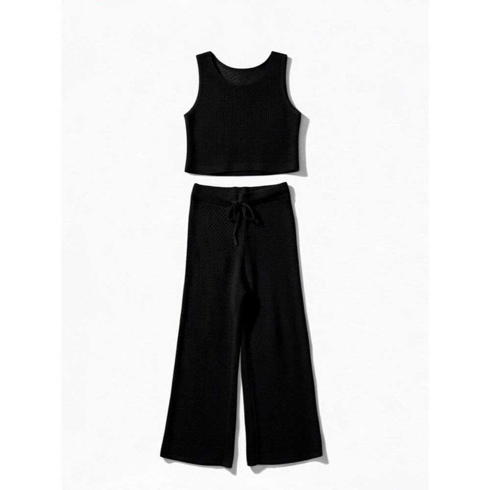 Black Knit Swim Coverup Tank & Wide-Leg Pants Set